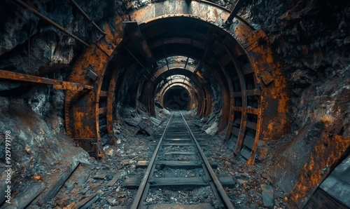 Abandoned Mine Exploration: Rusty Trolley Tracks Winding Through Dark Tunnels. Industrial Heritage Captured in Haunting Detail. Perfect for Urban Exploration Themes, Historical Documentaries, and Atmo