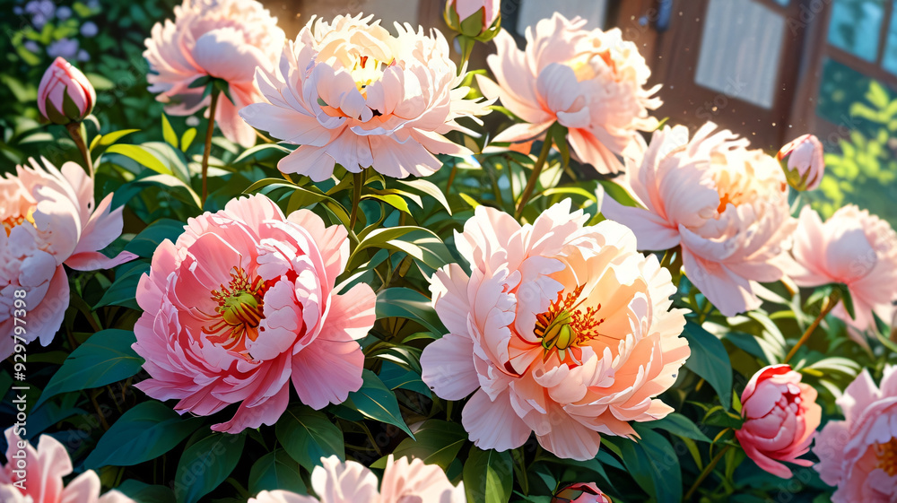 Fototapeta premium Blooming Peonies Garden Display, nature background wallpaper, anime illustration drawing