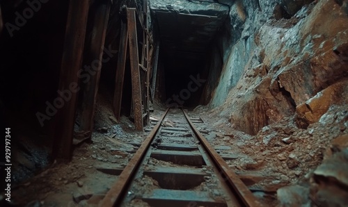 Abandoned Mine Exploration: Rusty Trolley Tracks Winding Through Dark Tunnels. Industrial Heritage Captured in Haunting Detail. Perfect for Urban Exploration Themes, Historical Documentaries, and Atmo