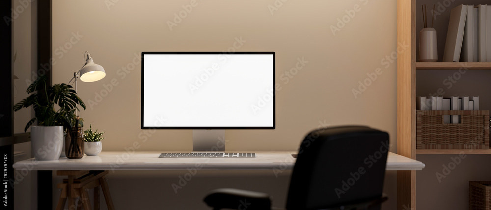 Front view of a computer desk in a contemporary room, a computer mockup on a table against the wall. Front view of a computer desk in a contemporary room, a computer mockup on a table against the wall.