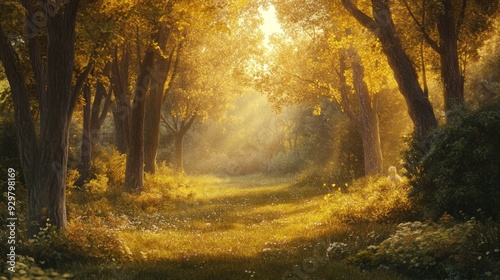 Sunlit Path Through Golden Autumn Forest