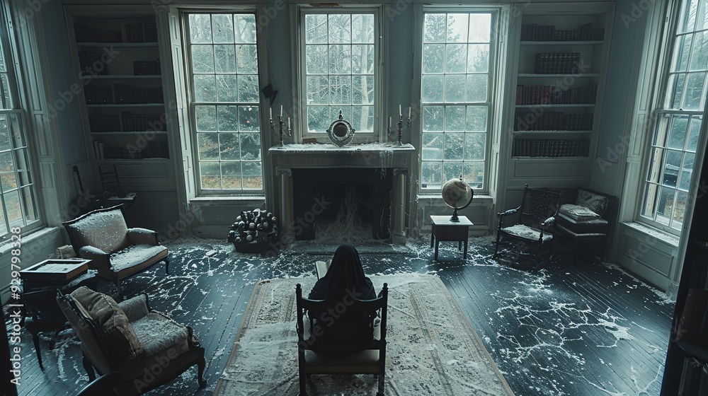 interior of a room A quiet, lonely place and a woman sitting in a ...