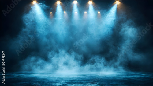 A dramatic stage with blue ...