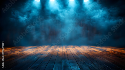 A dramatic stage with blue ...