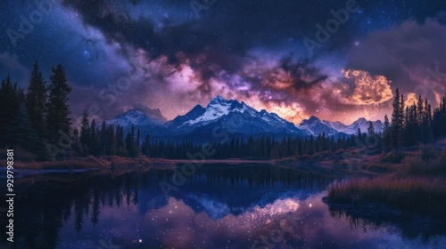 Night Sky Reflecting in a Still Lake with Mountain Range and Forest