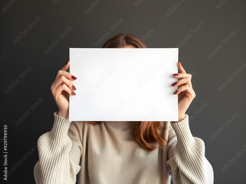 Woman holding white paper canvas mockup on black background. Template for banner or poster. Woman holding white paper canvas mockup on black background. Template for banner or poster.