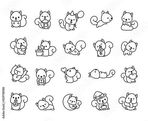 Charming squirrel character. Coloring Page. Funny forest animal. Hand drawn style. Vector drawing. Collection of design elements.