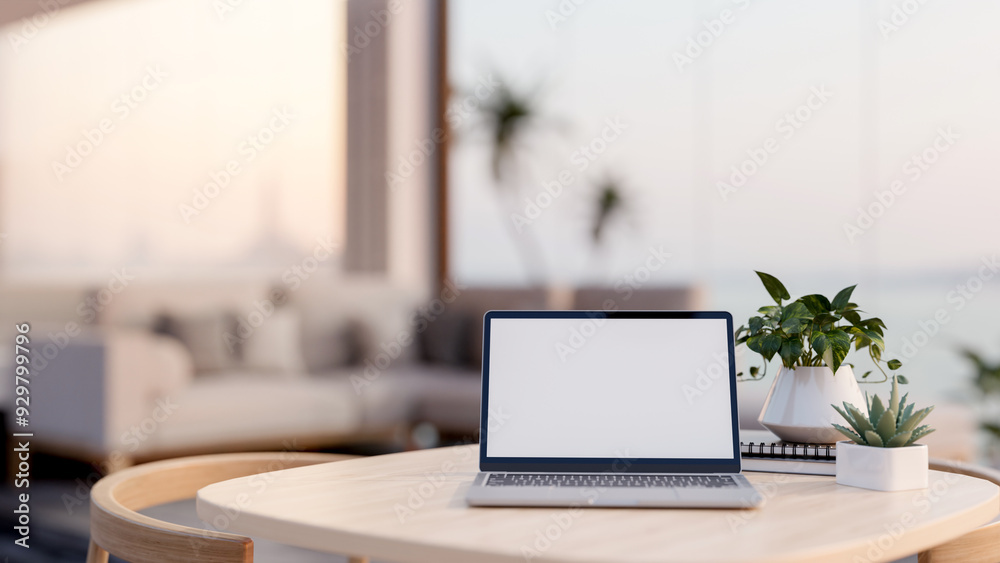 A laptop computer with a white-screen mockup on a wooden table in a modern luxurious living room. A laptop computer with a white-screen mockup on a wooden table in a modern luxurious living room.