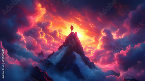 A figure atop a mountain against a vibrant, colorful sky.