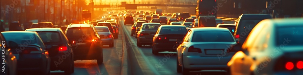 Fototapeta premium Urban Rush Hour Gridlock: Commuter Challenges and Infrastructure Strain Visualized. Peak Traffic Congestion Highlights Daily Transportation Hurdles. Essential for City Planning, Traffic Management App