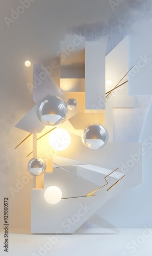 14. Abstract geometric 3D design with floating elements and glowing contours, isolated on a pristine, neutral background