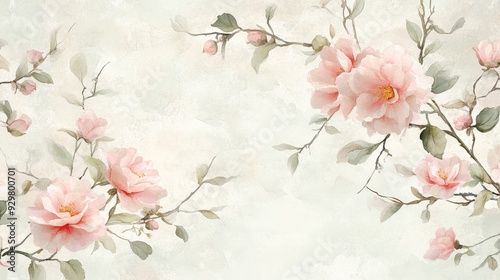 A delicate floral design featuring soft pink flowers and green leaves on a light background.