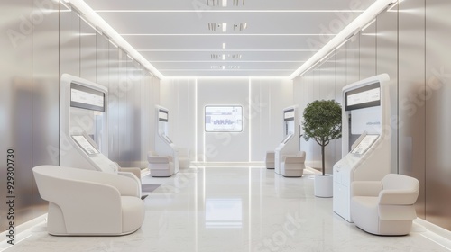 A futuristic hospital reception area with digital check-in kiosks, modern seating, and a white background, representing cutting-edge healthcare facilities.