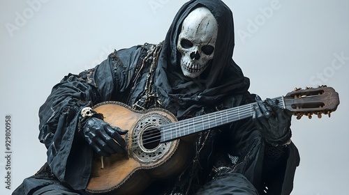 A phantom minstrel with a skull-like Halloween mask, playing an ancient instrument, spooky and mystical, isolated on white background