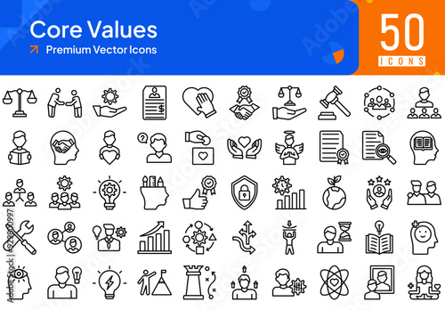 Core Values icons set, bold stroke line style icons set, integrity, respect, responsibility, accountability, honesty, trustworthiness, fairness, justice, community, leadership, learning, empathy