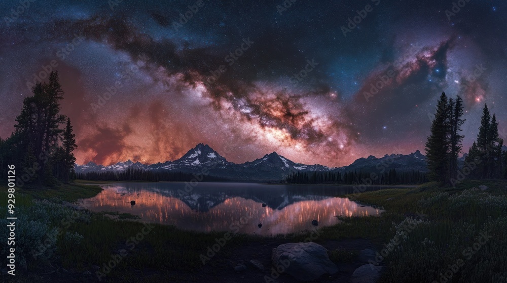 Obraz premium Milky Way Reflecting in a Mountain Lake at Night