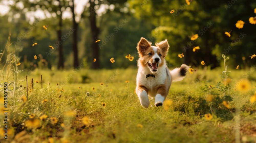 Happy Dog Running Through Field of Flowers Happy Dog Running Through Field of Flowers