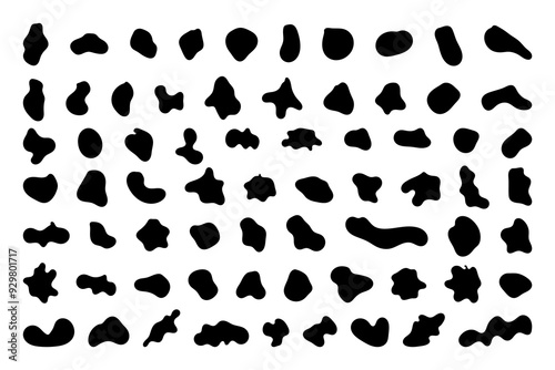 Random shapes. Organic black blobs of irregular shape. Abstract blotch, inkblot and pebble silhouettes, simple liquid amorphous splodge elements water forms creative minimal bubble stone vector set