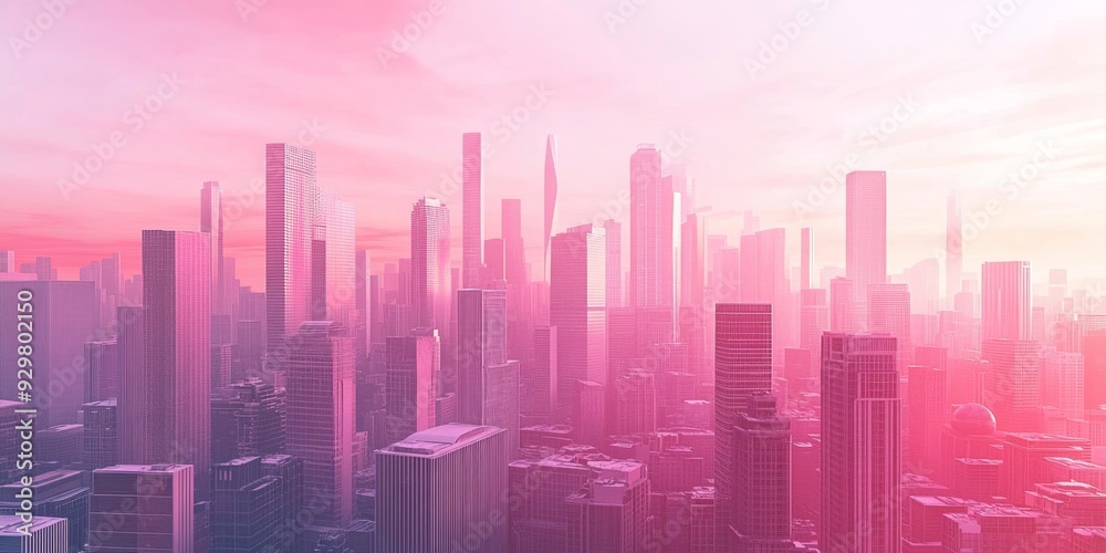 Futuristic Rose-Tinted Metropolis: Skyline Bathed in Pink Hues Showcases Architectural Marvels and Technological Advancements. Visionary Urban Landscape Blends Innovation and Aesthetics. Perfect for S