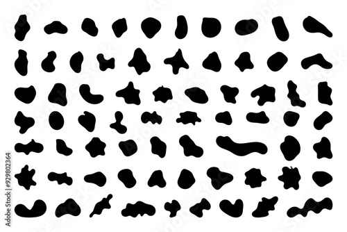Random shapes. Organic black blobs of irregular shape. Abstract blotch, inkblot and pebble silhouettes, simple liquid amorphous splodge elements water forms creative minimal bubble stone vector set