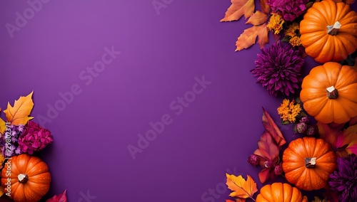 Autumnal Pumpkins and Leaves on Purple Background - Fall Decor, Thanksgiving, Halloween