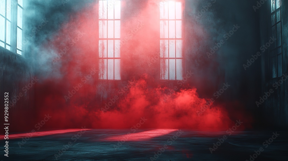 Naklejka premium A surreal scene where everything is enveloped in a peach-colored mist, with the source being a single flickering candle, casting shadows and light that dance softly across the scene.