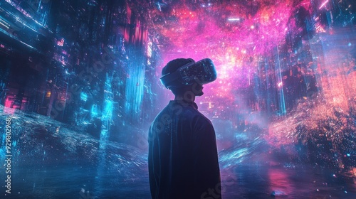 A Person in a VR Headset Gazes at a Futuristic Cityscape