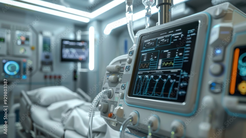 A ventilator machine with a detailed display and tubing is set against the backdrop of a hospital room. A ventilator machine with a detailed display and tubing is set against the backdrop of a hospital room.