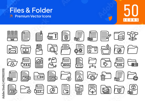 Files, folders bold stroke line style icons set, archive, documents, attach paper, zip folder, secure file, pdf file, jpg file, edit file, file storage, data collection, picture folder, video folder