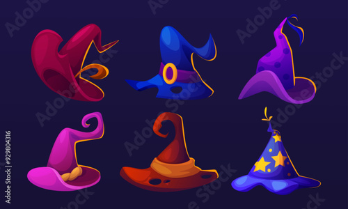Magic fairy witch cap with pointy end and decorative elements. Cartoon vector illustration set of wizard hat for Halloween design. Fantasy spooky sorcerer magic costume item. Magician garment.