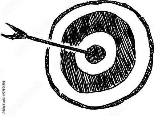 black and white vector hand sketch illustration of business target goal setting with arrow sticking on board