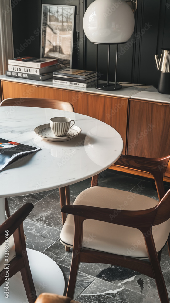 Mid-century modern dining room with round marble table, wooden chairs, and contemporary decor. Concepts of interior design, minimalism, and elegant home spaces. Mid-century modern dining room with round marble table, wooden chairs, and contemporary decor. Concepts of interior design, minimalism, and elegant home spaces.
