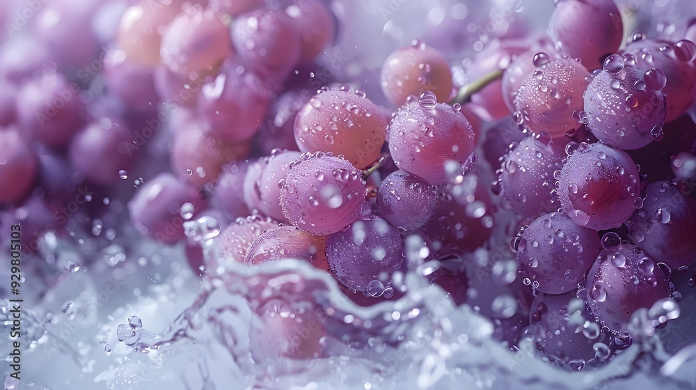 Fresh, juicy grapes splashed with water droplets, showcasing vibrant purple and pink hues in a refreshing close-up Fresh, juicy grapes splashed with water droplets, showcasing vibrant purple and pink hues in a refreshing close-up