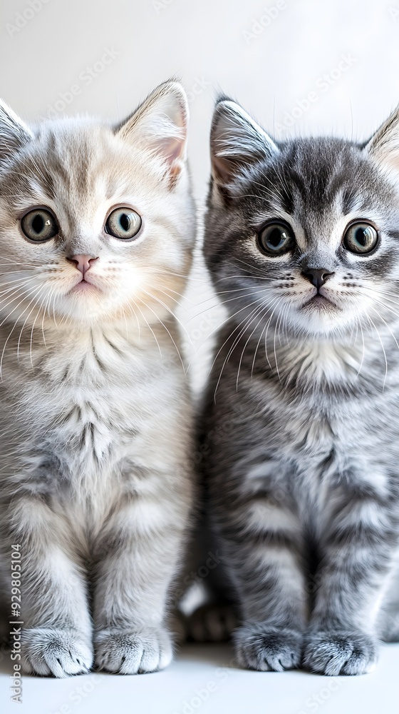 Adorable pair of wide-eyed kitten siblings, one light-colored and one tabby, sitting side by side with attentive expressions Adorable pair of wide-eyed kitten siblings, one light-colored and one tabby, sitting side by side with attentive expressions