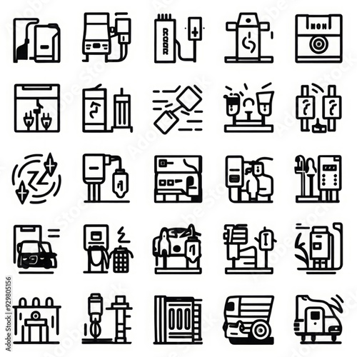 Charge web icons in 50 line styles. Charger, charging station, battery, electricity, wireless charging, electric car, collection. Vector illustration.