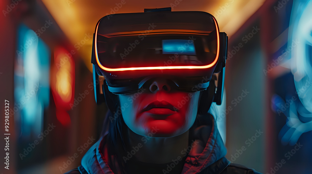 An individual exploring an immersive virtual environment with VR goggles, fully absorbed in the interactive digital experience. An individual exploring an immersive virtual environment with VR goggles, fully absorbed in the interactive digital experience.