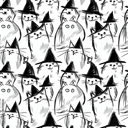 Monochromatic Seamless Ghost Pattern of Playful Hand-Drawn Halloween Cats in Witch Hats
