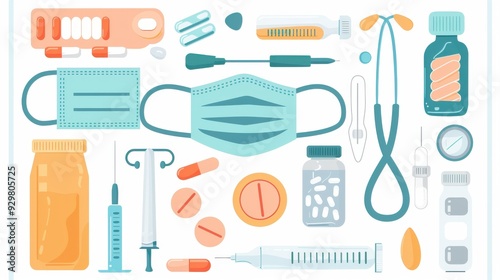 Vector illustration of diverse medical equipment including a surgical mask, pill bottle, and otoscope, isolated on a white background.