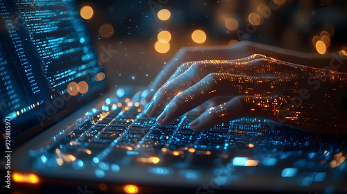 A glowing hand typing on a ...