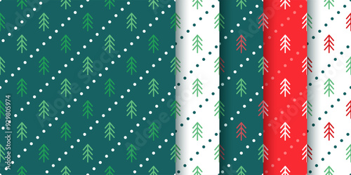 Seamless pattern. Christmas backgrounds with trees. Set of Xmas holiday textures. Scandinavian red green prints. Collection festive wrapping papers. Vector illustration. Geometric New year backdrop.