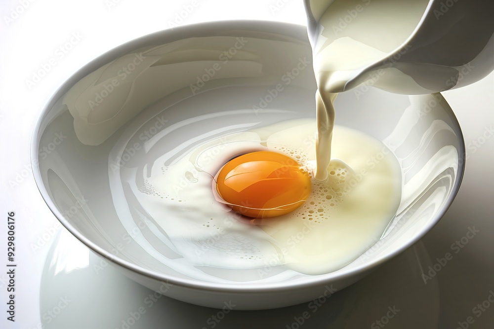 milk being poured into a pristine white bowl, with the yolk of a cracked raw egg milk being poured into a pristine white bowl, with the yolk of a cracked raw egg