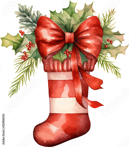 Red Christmas Stocking Watercolor Design Vector Illustration.