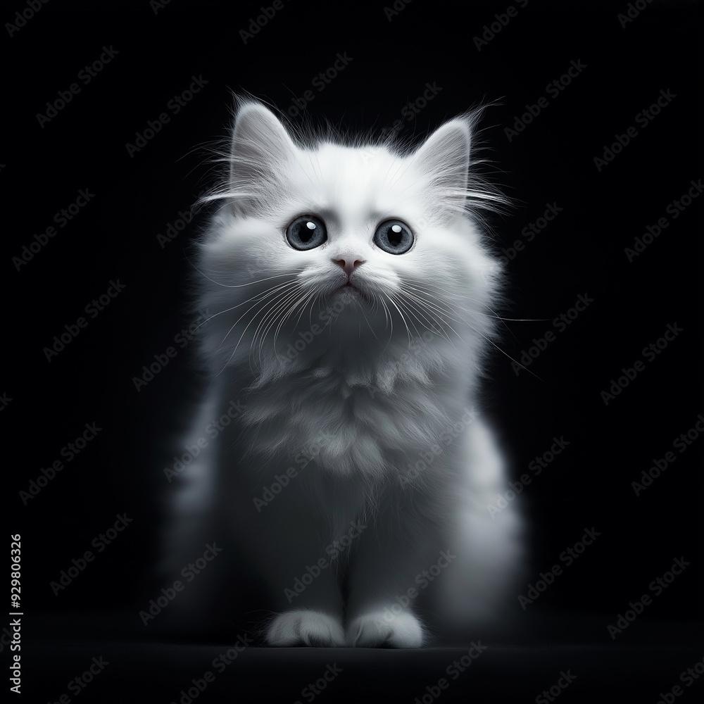 A fluffy white kitten staring wide-eyed at the camera in a dark setting. The contrast between the kitten’s bright fur and the dark background creates a striking and adorable image. A fluffy white kitten staring wide-eyed at the camera in a dark setting. The contrast between the kitten’s bright fur and the dark background creates a striking and adorable image.