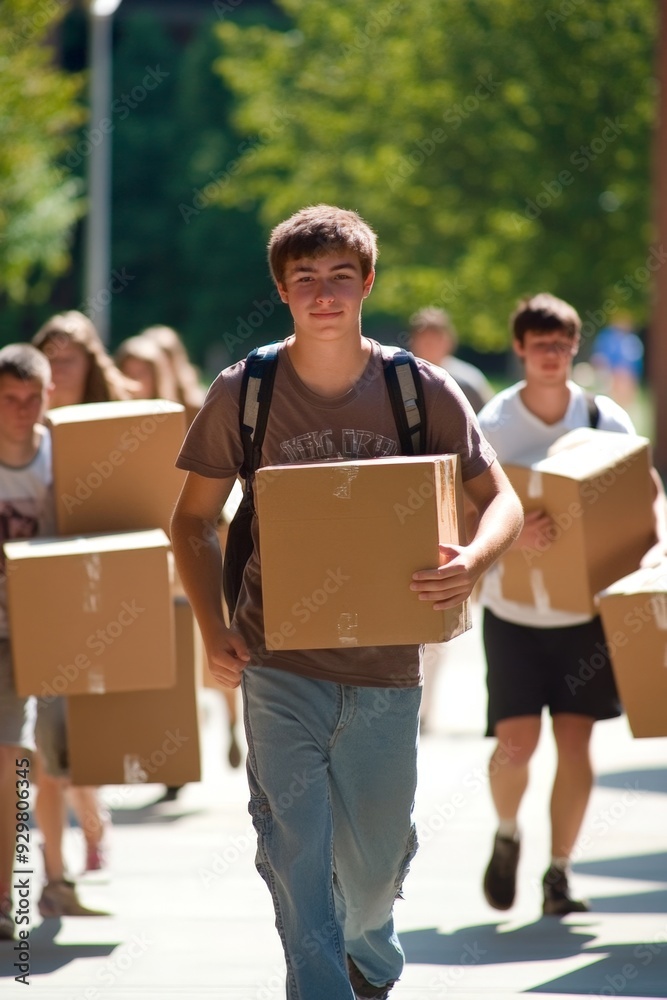 A group of students carrying boxes and suitcases across the campus on move-in day. A group of students carrying boxes and suitcases across the campus on move-in day.