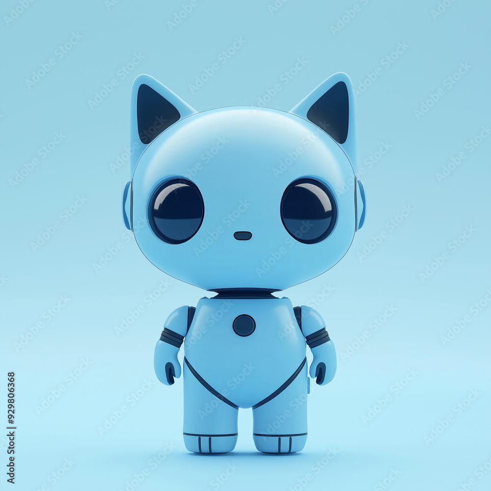 A cute blue robot cat with large round eyes standing in front of a light blue background. The minimalist design and pastel tones give the image a modern and playful feel, perfect for tech and toy conc A cute blue robot cat with large round eyes standing in front of a light blue background. The minimalist design and pastel tones give the image a modern and playful feel, perfect for tech and toy conc