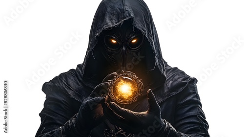 Enigmatic scholar in a plague doctor Halloween mask, holding a glowing cursed artifact, dark fantasy style, isolated on white background