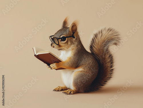 An intelligent-looking squirrel wearing glasses while reading a book, set against a plain background. The humorous and creative concept is ideal for educational or whimsical themes. photo