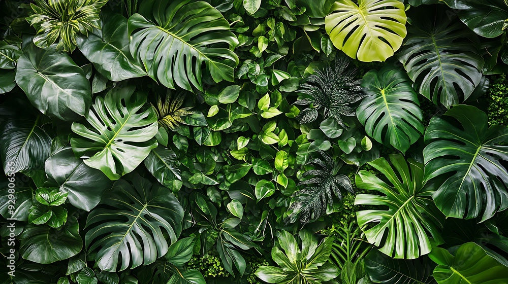 A lush green backdrop of tropical leaves with various shapes and sizes, creating a vibrant and textured surface. A lush green backdrop of tropical leaves with various shapes and sizes, creating a vibrant and textured surface.