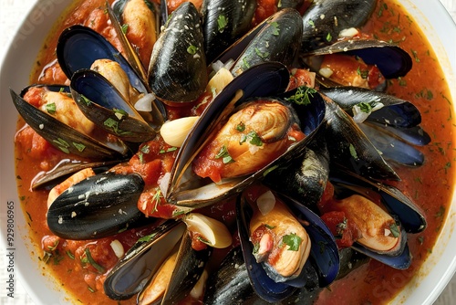 A scrumptious photo of freshly cooked seafood mussels, sitting in a vibrant tomato sauce