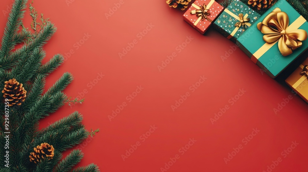Christmas card with gift box. Red theme Merry Christmas and new year background, Beautiful gift box and branch of a Christmas tree, Christmas greeting background with copy space Christmas card with gift box. Red theme Merry Christmas and new year background, Beautiful gift box and branch of a Christmas tree, Christmas greeting background with copy space